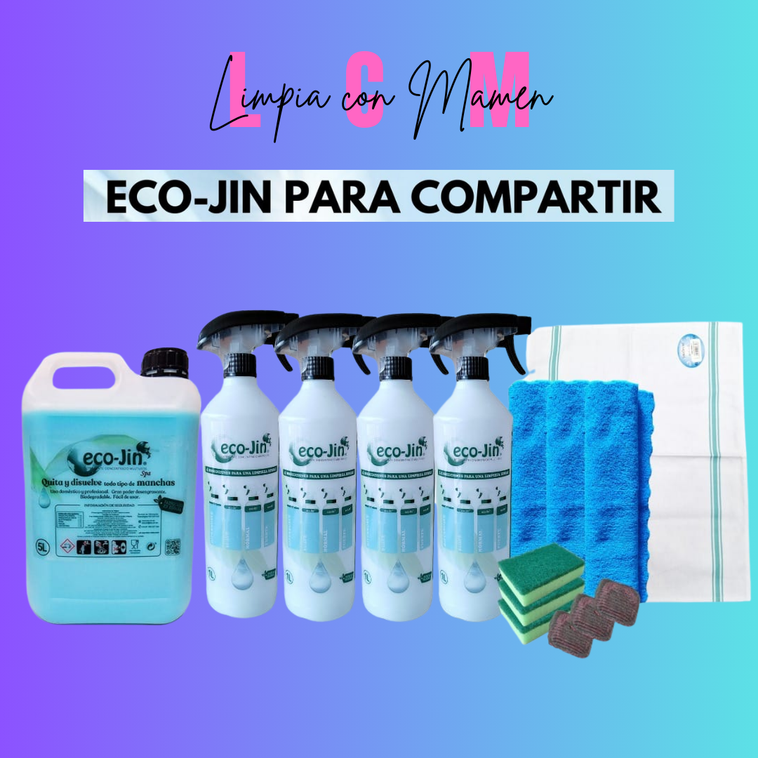 ECO-JIN PARA COMPARTIR (5L ECO-JIN A ELEGIR + 4 VAPORIZADORES + 3 BAYETAS MICROFIBRA + 3 ESTROPAJOS ESPONJA + 3 ESTROPAJOS JABÓN SECO + NUEVO PAÑO DE COCINA)
