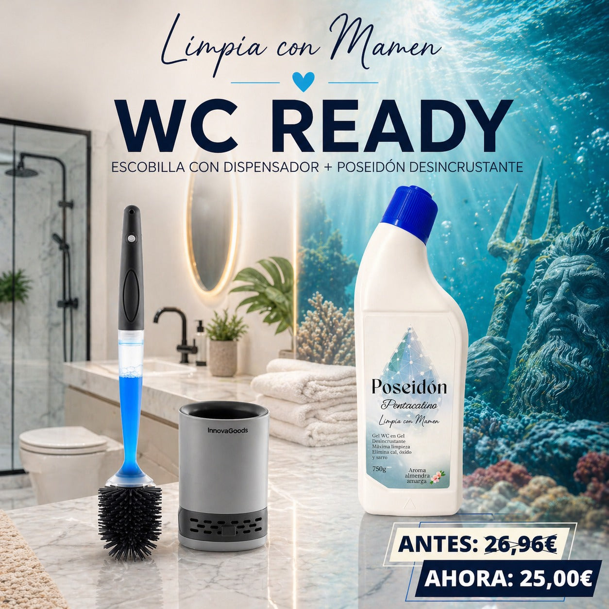 PACK WC READY: ESCOBILLA VIRAL CON DISPENSADOR + POSEIDÓN