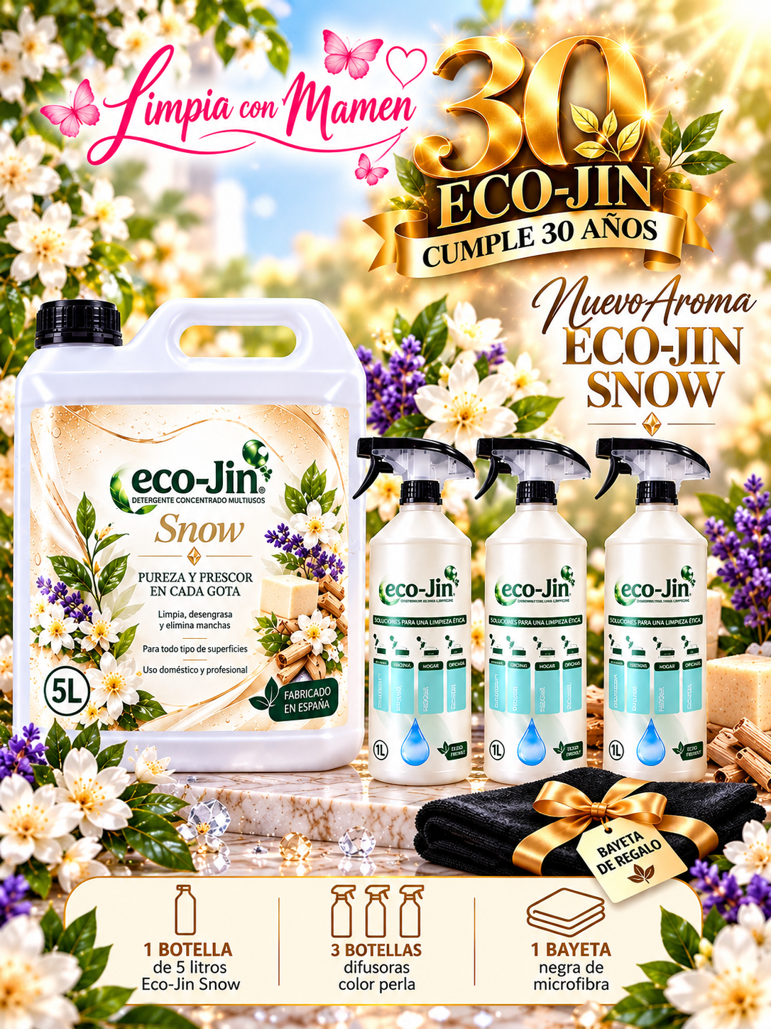 ECO-JIN SNOW GARRAFA 5L + 3 VAPORIZADORES + BAYETA NEGRA DE REGALO