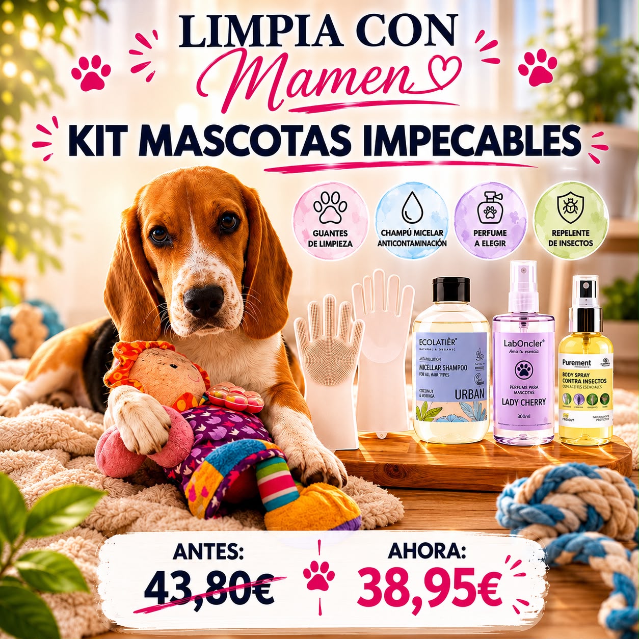 KIT MASCOTAS IMPECABLES: GUANTES DE LIMPIEZA + CHAMPÚ MICELAR ANTICONTAMINACIÓN + PERFUME DE MASCOTAS A ELEGIR + REPELENTE DE INSECTOS