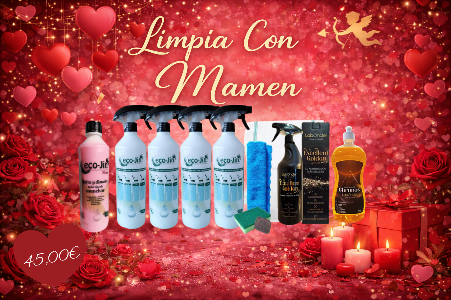 PACK SAN VALENTÍN - TE QUIERO | SUPER KIT INICIO ECO-JIN AROMA A ELEGIR + AMBIENTADOR EXCELLENT GOLDEN + CHRONOS A ELEGIR + BAYETA DE MICROFIBRA + ESTROPAJO ESPONJA + ESTROPAJO JABONOSO + PAÑO DE COCINA ALGODÓN EGIPCIO