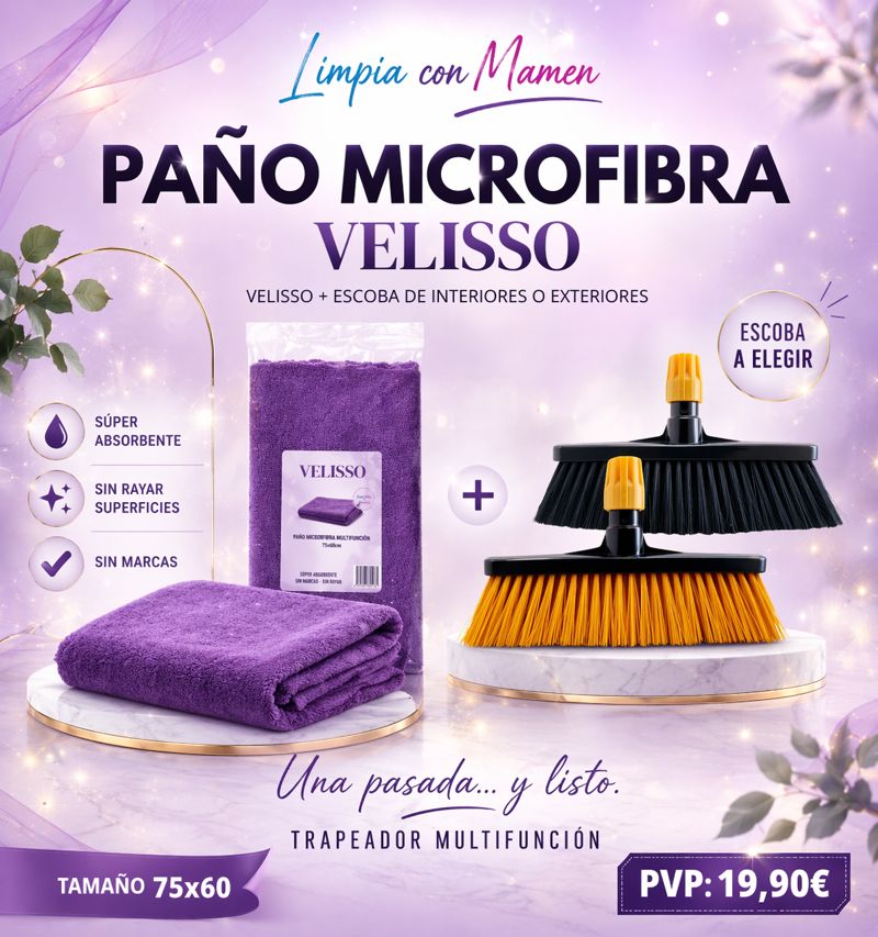 Paño Microfibra Velisso + Escoba INTERIORES O EXTERIORES A ELEGIR