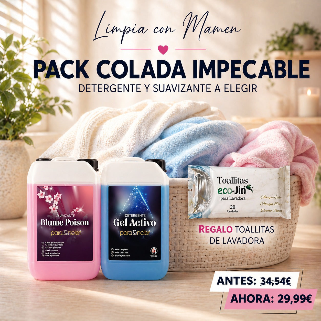 Pack Colada Implecable: Suavizante a elegir + Detergente a elegir + Nuevas Toallitas de Lavadora eco-Jin