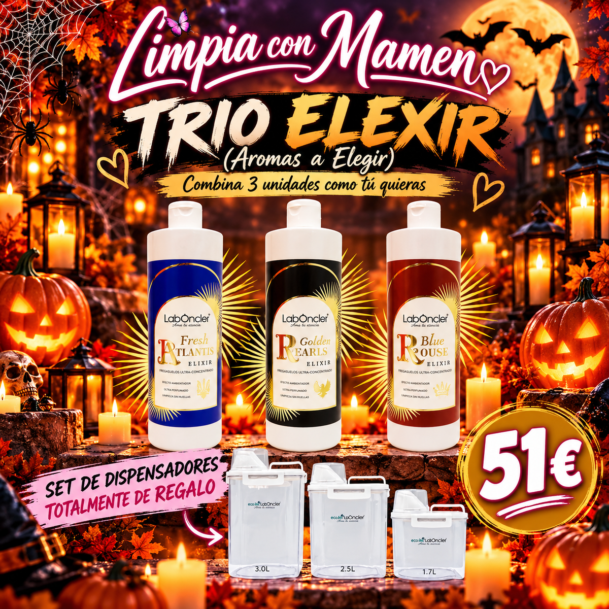 🎃 HALLOWEEN LABONCLER: TRIO FREGASUELOS ELIXIR A ELEGIR + SET DE DISPENSADORES DE REGALO