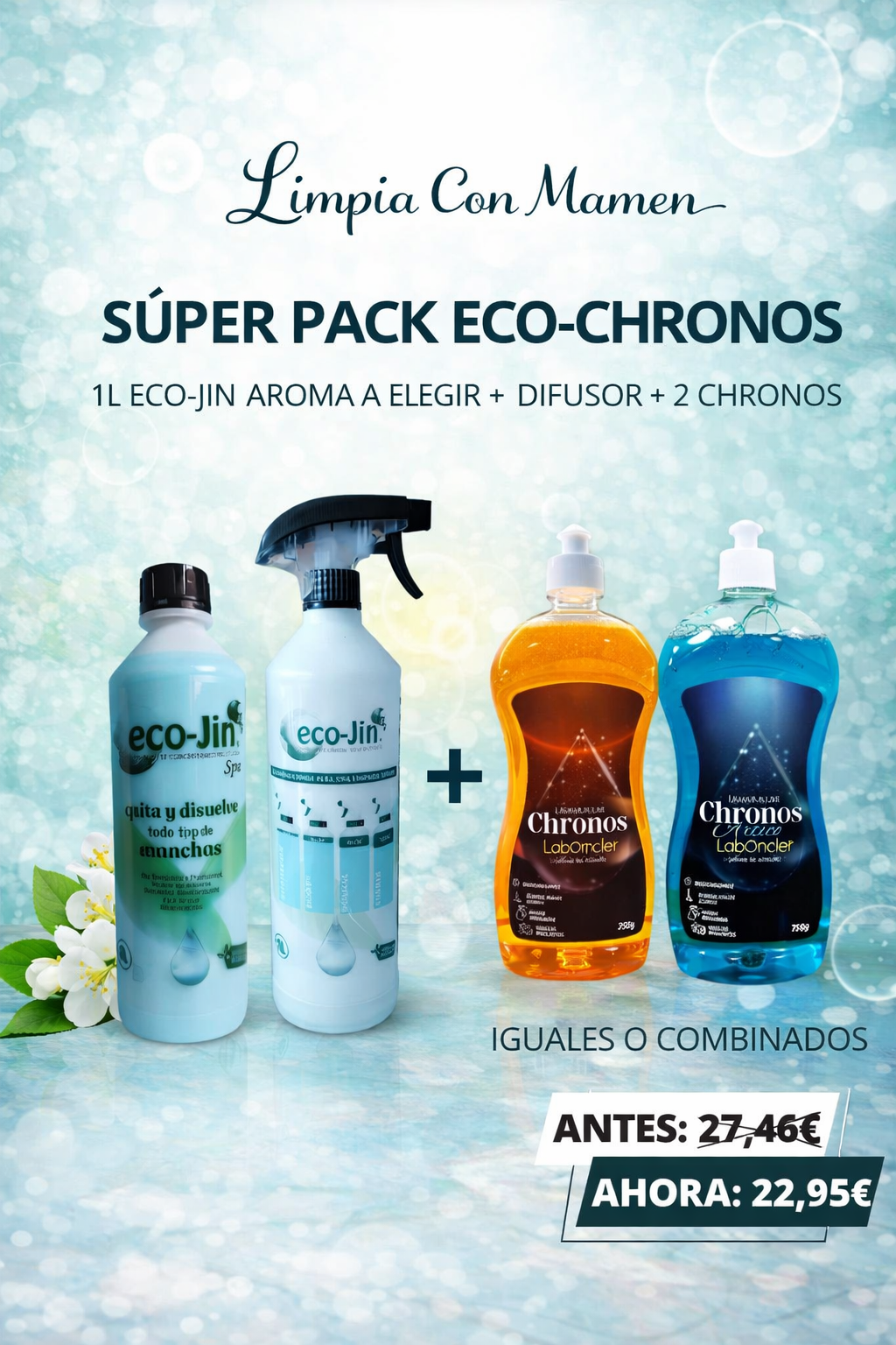 SÚPER PACK ECO-CHRONOS 1L ECO-JIN AROMA A ELEGIR + DIFUSOR + 2 CHRONOS (1,5L)