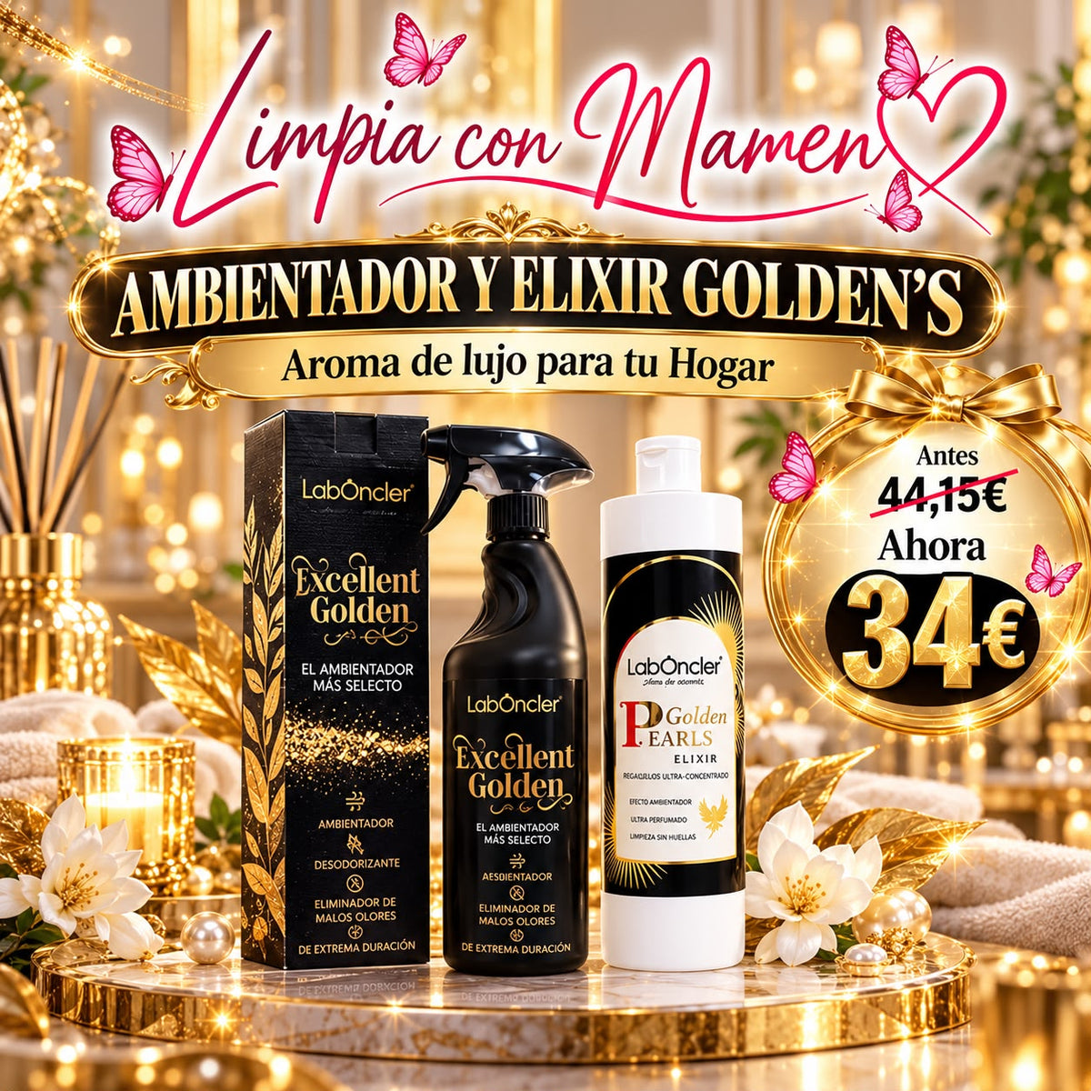 Pack Limpieza Aromática: FREGASUELOS ELIXIR GOLDEN + AMBIENTADOR GOLDEN