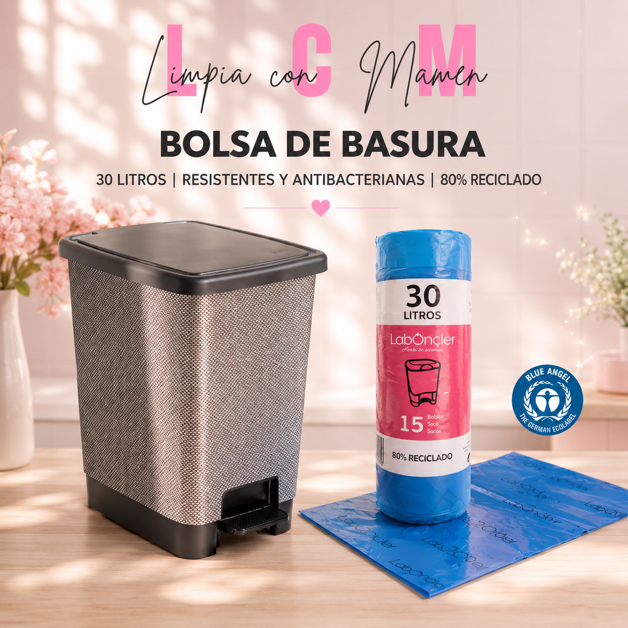 BOLSA DE BASURA 30L | 15 SERVICIOS | 55X60CM | RESISTENTE Y ANTIBACTERIANA