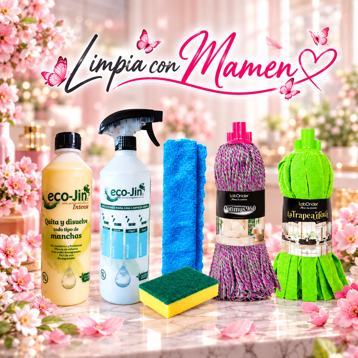 PACK 6 Limpieza ECOJIN A ELEGIR+DIFUSOR+2 FREGONAS A ELEGIR+BAYETA MICROFIBRA+ESTROPAJO CON ESPONJA