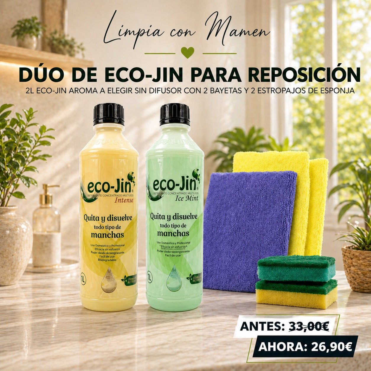DÚO ECO-JIN PARA REPOSICIÓN: 2 ECO-JIN A ELEGIR SIN DIFUSOR + 2 BAYETAS + 2 ESTROPAJOS DE ESPONJA