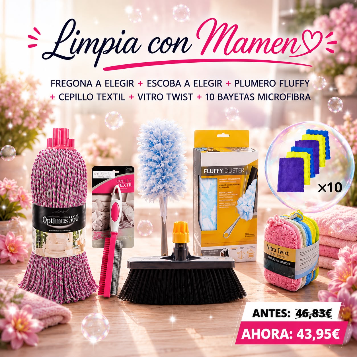 PACK LIMPIEZA SEMANAL: FREGONA A ELEGIR + ESCOBA A ELEGIR + PLUMERO FLUFFY + CEPILLO TEXTIL + VITRO TWIST + 10 BAYETAS MICROFIBRA